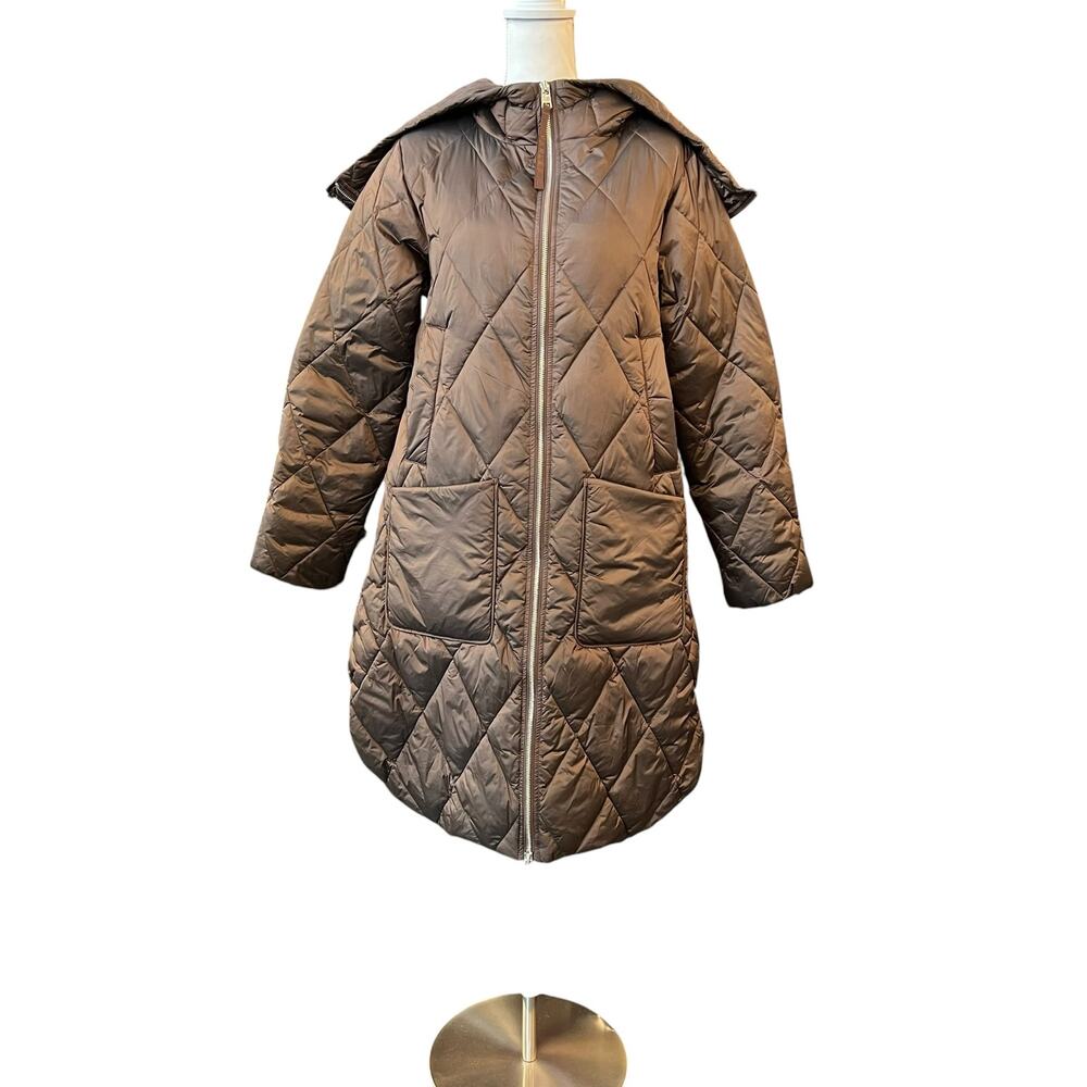 Varley Frisco Long Quilt Coat Size S Brown Metallic Hooded Puffer EUC